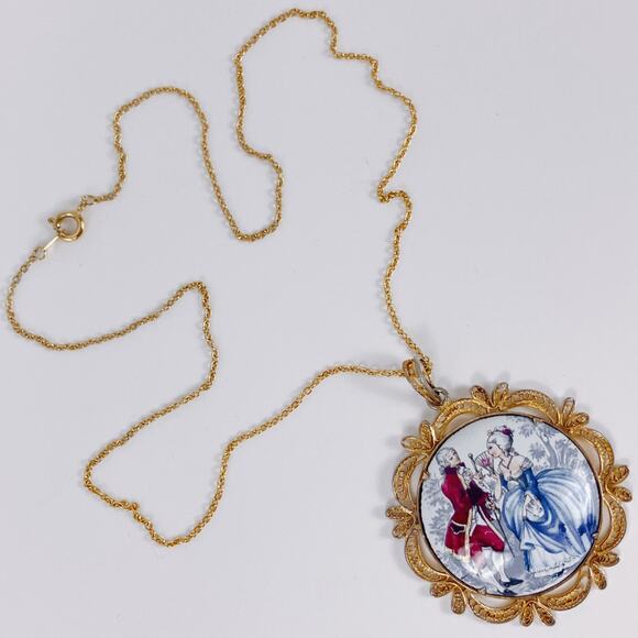 VTG 1950s Pendant Necklace Filigree Enamel French Rococo Style Prong Set MCM - Picture 6 of 13